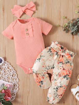 Hopscotch - Girls Peach Onesie and Floral Print Pant with Headband