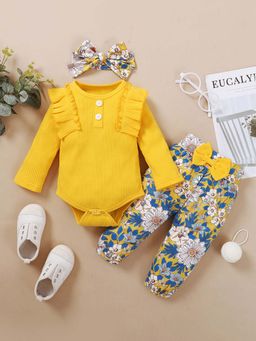 Hopscotch - Girls Yellow Ruffle Embellished Onesie and Pant with Headband