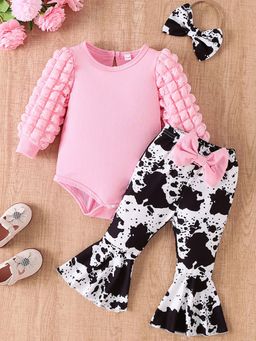 Hopscotch - Pink and Black Textured Bow Applique Onesie and Pant with Headband