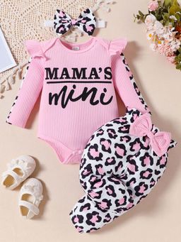 Hopscotch - Pink and White Print Bow Applique Onesie and Joggers with Headband