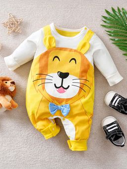 Hopscotch - Yellow Lion Print Cotton Full-Sleeve Bodysuit with Attached Bow Applique