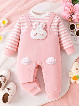 Hopscotch - Girls Pink and White Bunny Applique Full-Sleeve Bodysuit