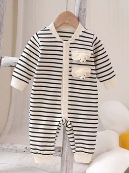 Hopscotch - Boys White and Black Stripe Print Full-Sleeve Cotton Bodysuit with Applique