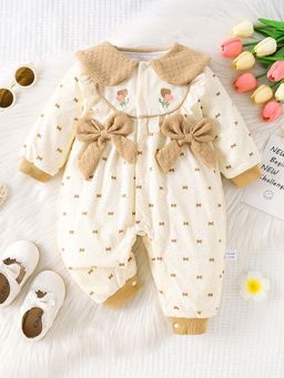 Hopscotch - Girls Cream and Beige Bow Applique Full-Sleeve Bodysuit