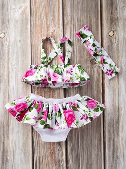 Hopscotch - Girls White Floral Print Slim Fit Blouse and Bloomer with Headband
