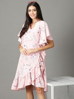 SHOWOFF - Womens Printed V-Neck Peach Knee Length Dress