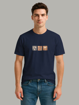 BULLMER - Navy Blue Trendy Printed Round Neck Half Sleeve T-shirt