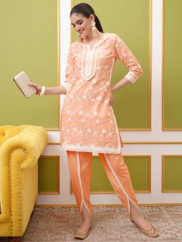 VISHUDH - Women Peach Embroidered Kurti with Tulip Pant (Set of 2)