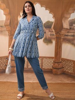VISHUDH - Women Blue Embroidered Tunic with Belt & Pant (Set of 3)