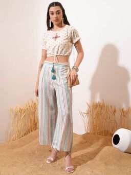 VISHUDH - Women Off White Printed Crop Top with Palazzo (Set of 2)