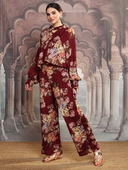 VISHUDH - Women Maroon Floral Co-ord (Set of 3)