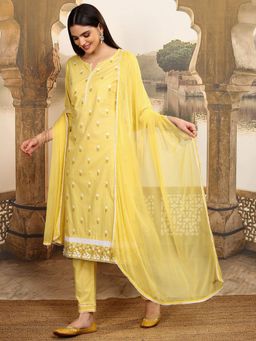 VISHUDH - Women Yellow Embroidered Kurta with Pant & Dupatta (Set of 3)