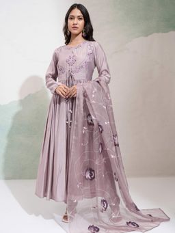 VISHUDH - Women Mauve Embroidered Anarkali Kurta with Pant & Dupatta (Set of 3)