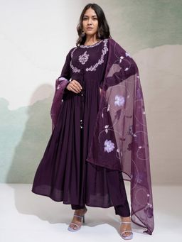 VISHUDH - Women Purple Embroidered Anarkali Kurta with Pant & Dupatta (Set of 3)
