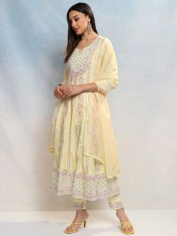 VISHUDH - Women Yellow Embroidered Anarkali Kurta with Pant & Dupatta (Set of 3)