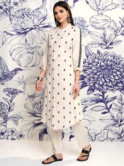 VISHUDH - Women Off White Embroidered Kurta with Pant (Set of 2)