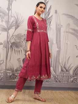 VISHUDH - Women Maroon Floral Anarkali Kurta with Pant & Dupatta (Set of 3)
