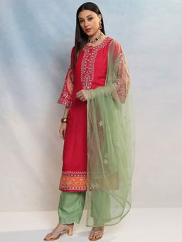 VISHUDH - Women Pink Embroidered Kurta with Palazzo & Dupatta (Set of 3)