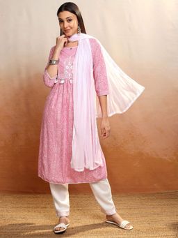 VISHUDH - Women Pink Printed Anarkali Kurta with Pant & Dupatta (Set of 3)