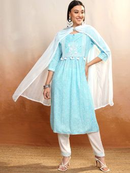 VISHUDH - Women Blue Printed Anarkali Kurta with Pant & Dupatta (Set of 3)