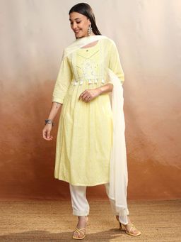 VISHUDH - Women Yellow Printed Anarkali Kurta with Pant & Dupatta (Set of 3)