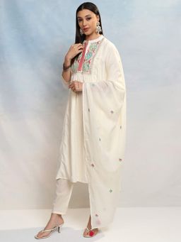 VISHUDH - Women Off White Embroidered Kurta with Pant & Dupatta (Set of 3)