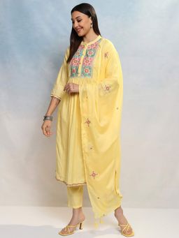 VISHUDH - Women Yellow Embroidered Kurta with Pant & Dupatta (Set of 3)