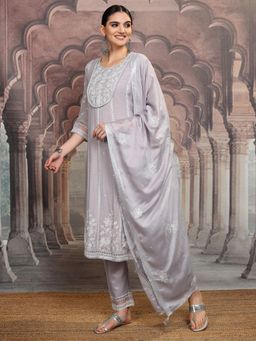 VISHUDH - Women Grey Embroidered Anarkali Kurta with Pant & Dupatta (Set of 3)