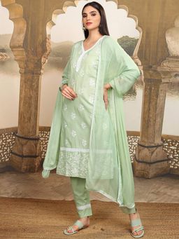 VISHUDH - Women Green Embroidered Kurta with Pant & Dupatta (Set of 3)