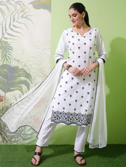 VISHUDH - Women White Embroidered Kurta with Pant & Dupatta (Set of 3)
