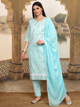 VISHUDH - Women Blue Embroidered Kurta with Pant & Dupatta (Set of 3)