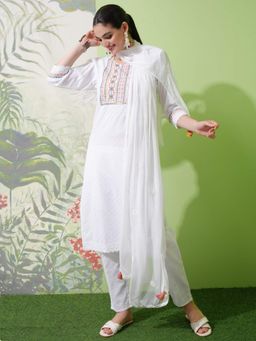 VISHUDH - Women White Embroidered Kurta with Pant & Dupatta (Set of 3)