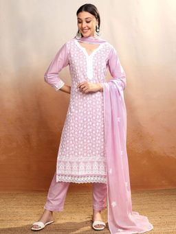 VISHUDH - Women Pink Embroidered Kurta with Pant & Dupatta (Set of 3)