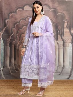 VISHUDH - Women Lavender Embroidered Anarkali Kurta with Palazzo & Dupatta (Set of 3)