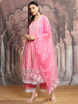 VISHUDH - Women Pink Embroidered Anarkali Kurta with Palazzo & Dupatta (Set of 3)