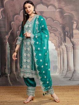 VISHUDH - Women Green Embroidered Kurta with Salwar & Dupatta (Set of 3)