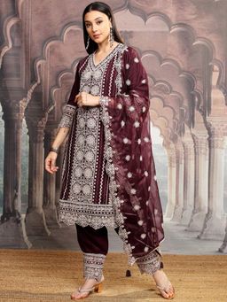 VISHUDH - Women Wine Embroidered Kurta with Salwar & Dupatta (Set of 3)