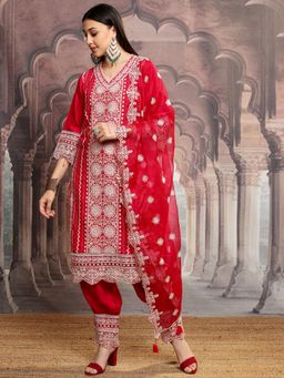 VISHUDH - Women Red Embroidered Kurta with Salwar & Dupatta (Set of 3)