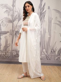 VISHUDH - Women White Embroidered Kurta with Pant & Dupatta (Set of 3)