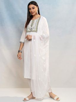 VISHUDH - Women White Embroidered Kurta with Pant & Dupatta (Set of 3)