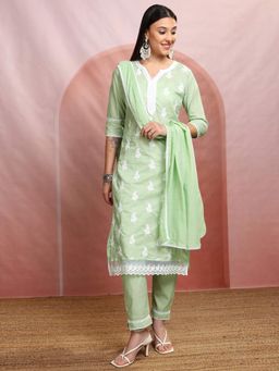 VISHUDH - Women Green Embroidered Kurta with Pant & Dupatta (Set of 3)