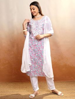 VISHUDH - Women Pink Floral Kurta with Pant & Dupatta (Set of 3)