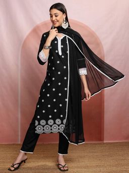 VISHUDH - Women Black Embroidered Kurta with Pant & Dupatta (Set of 3)