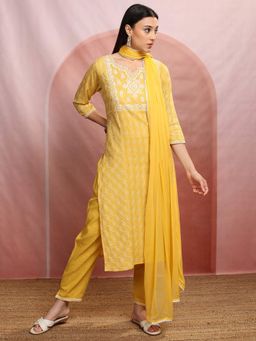 VISHUDH - Women Mustard Printed Kurta with Pant & Dupatta (Set of 3)
