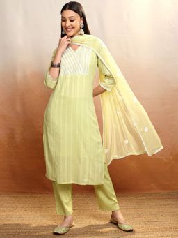 VISHUDH - Women Green Printed Kurta with Pant & Dupatta (Set of 3)