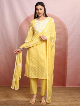 VISHUDH - Women Yellow Printed Kurta with Pant & Dupatta (Set of 3)