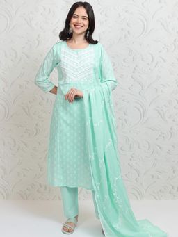 VISHUDH - Women Green Printed Kurta with Pant & Dupatta (Set of 3)