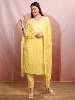 VISHUDH - Women Yellow Printed Kurta with Pant & Dupatta (Set of 3)