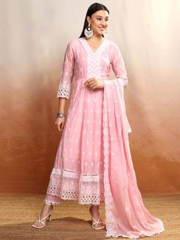 VISHUDH - Women Pink Embroidered Anarkali Kurta with Pant & Dupatta (Set of 3)