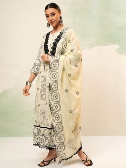 VISHUDH - Women Cream Embroidered Anarkali Kurta with Pant & Dupatta (Set of 3)